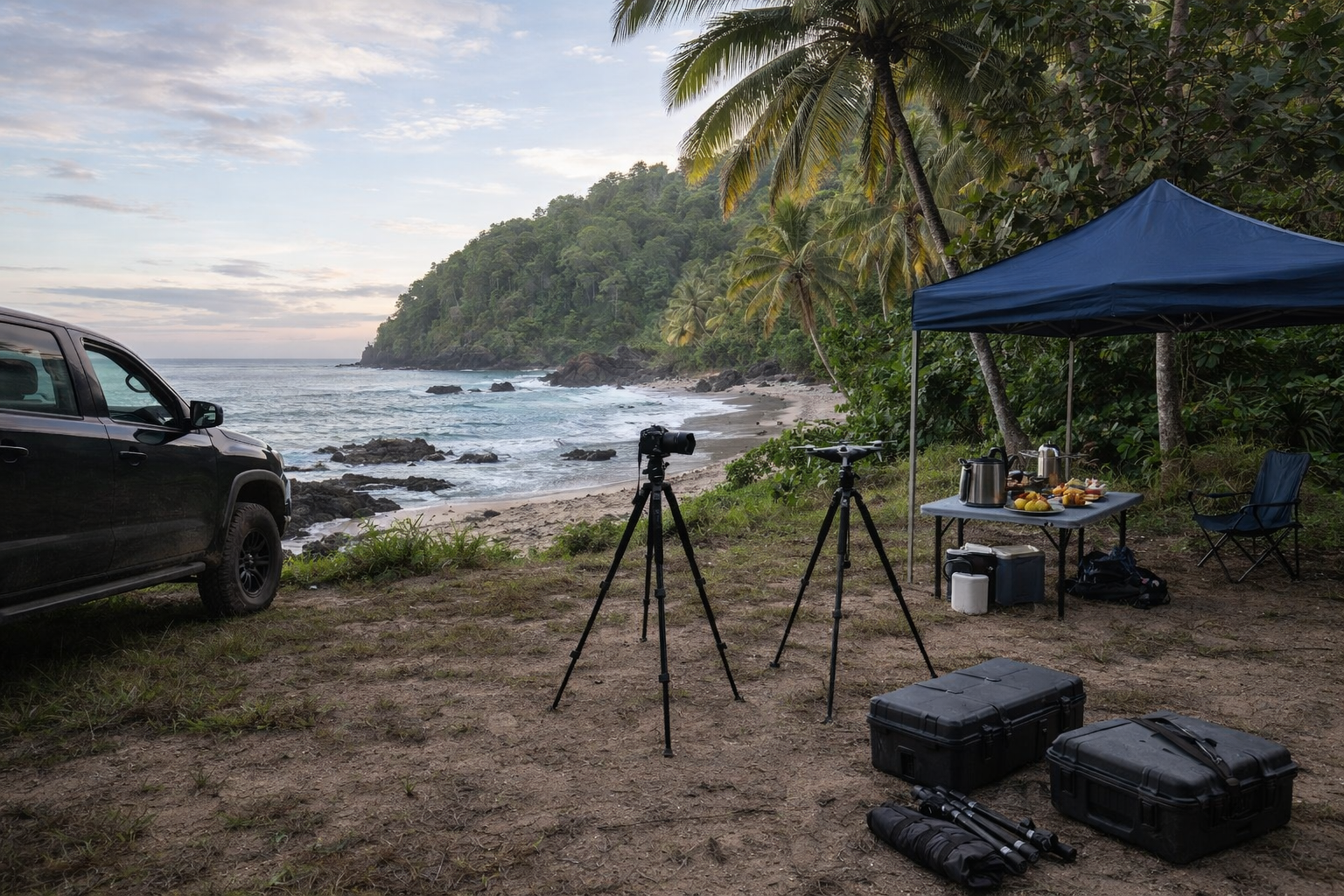 Production base setup by the sea, crew logistics prepared on site.