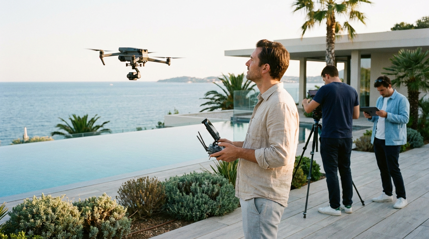 Hotel environment production: coordination on site, drone operations integrated into the setup.